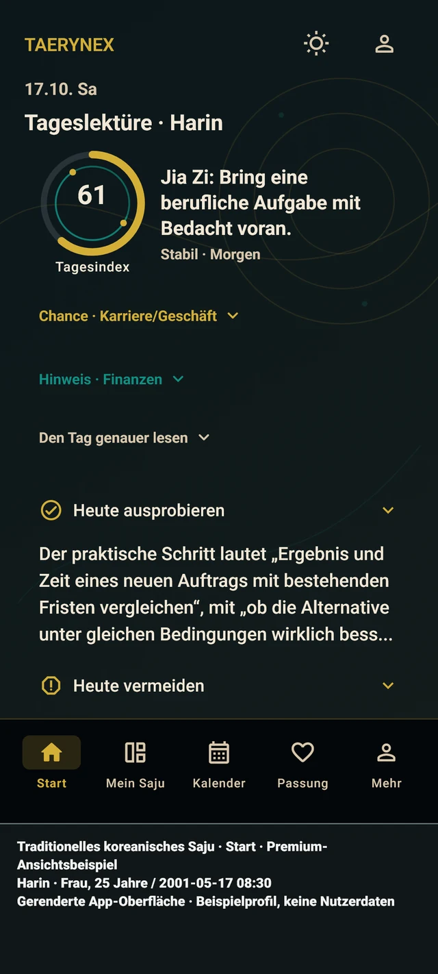 Deutsche TAERYNEX-Startseite mit Beispielprofil