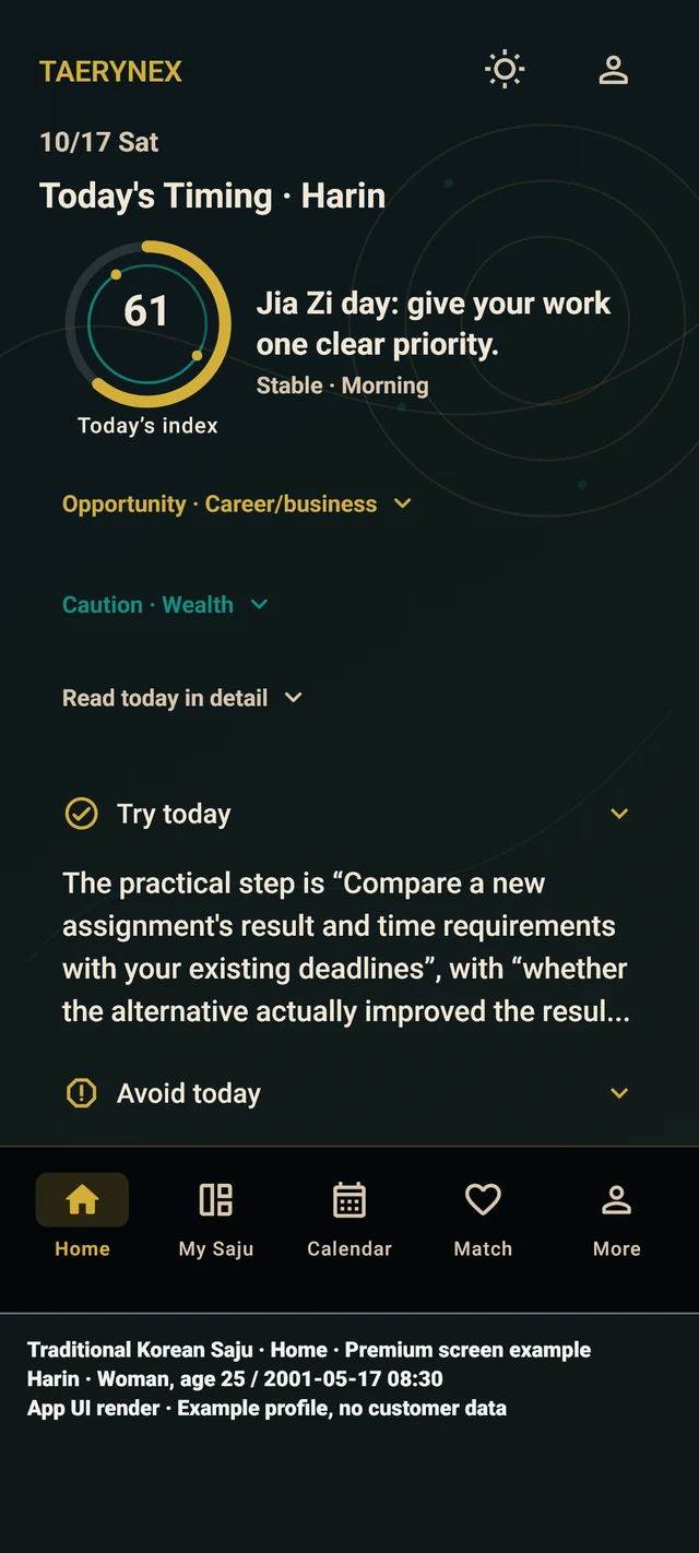 TAERYNEX English home screen with an example profile