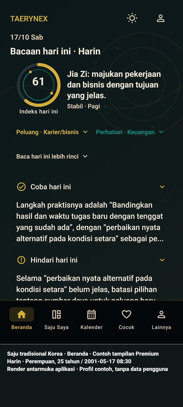 Beranda TAERYNEX bahasa Indonesia dengan profil contoh