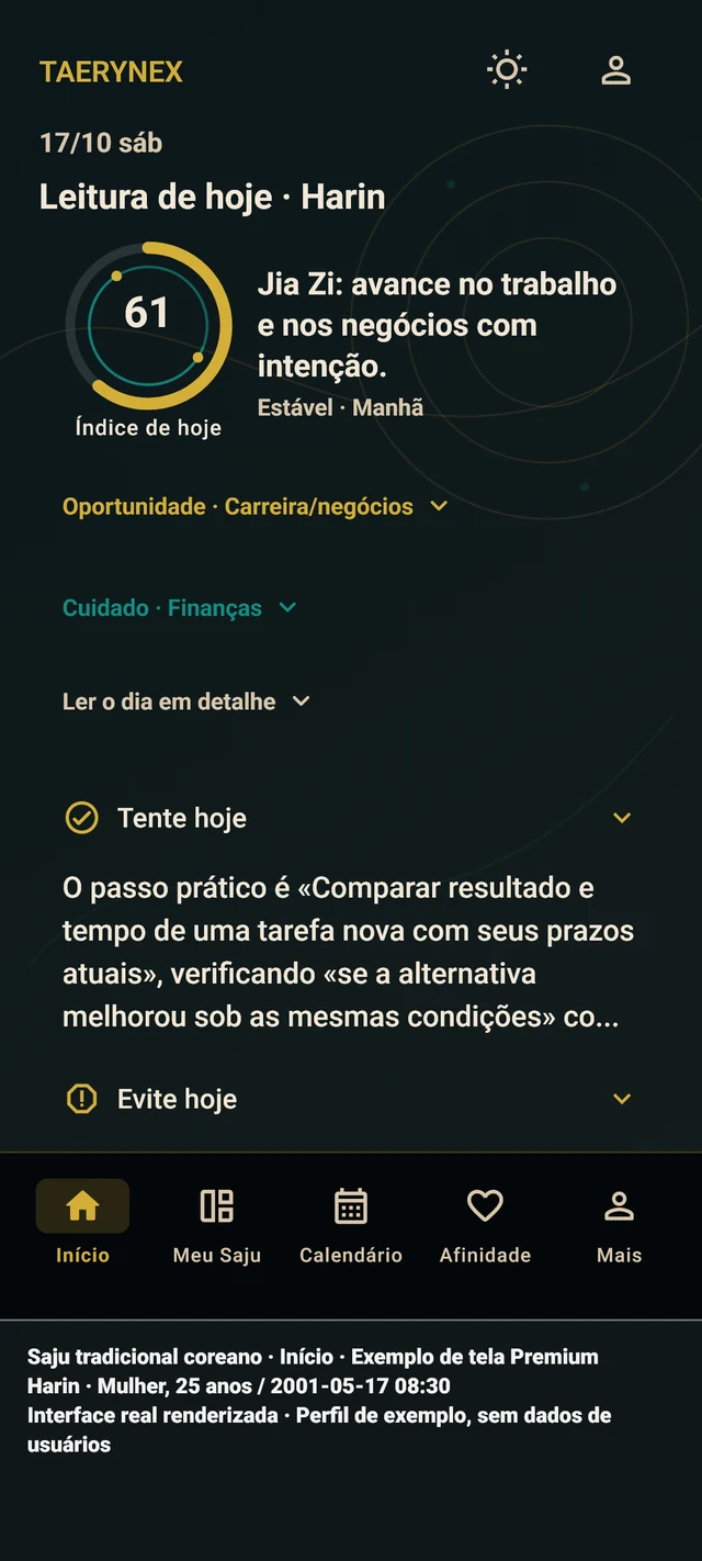 Início do TAERYNEX em português com perfil de exemplo