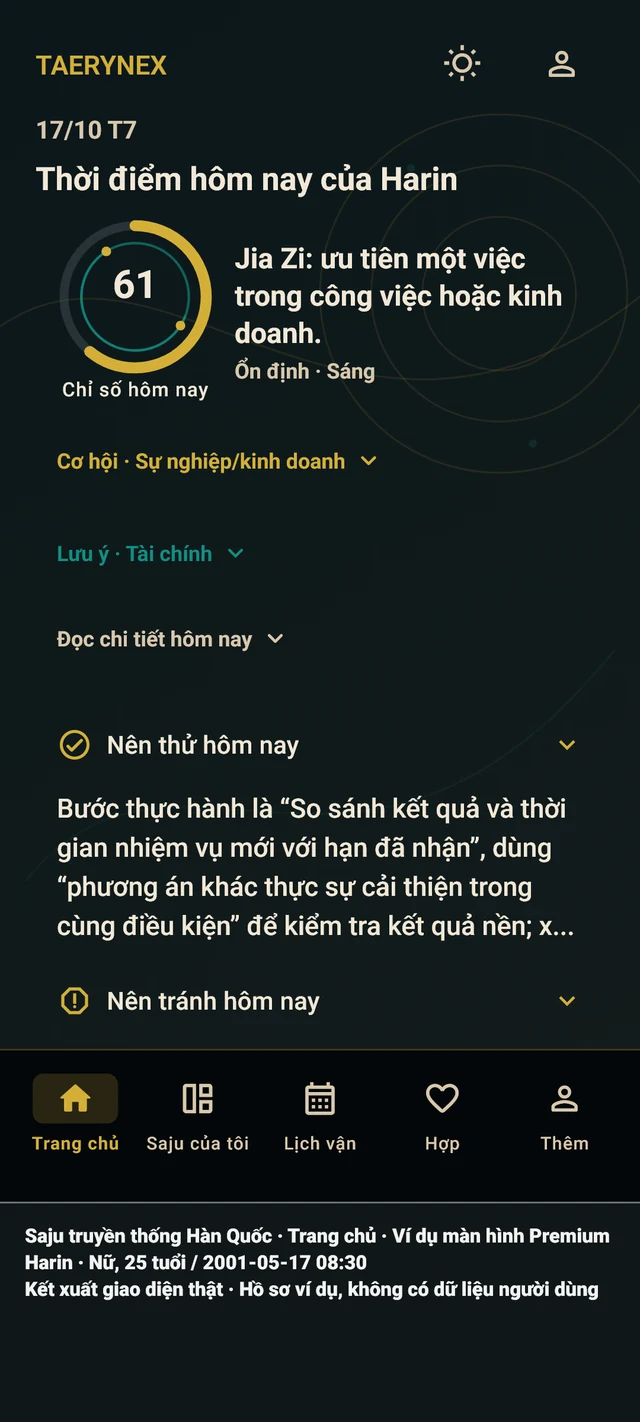Trang chủ TAERYNEX tiếng Việt với hồ sơ mẫu