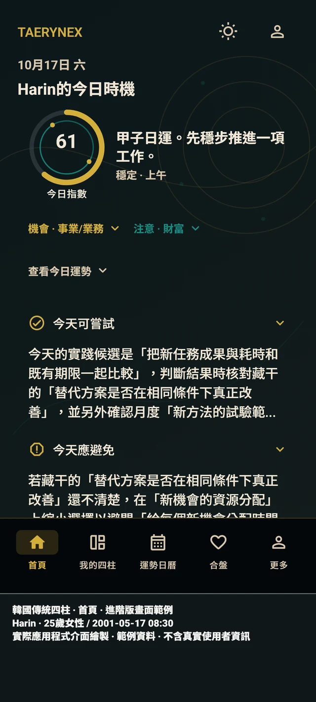 顯示範例資料的TAERYNEX繁體中文首頁