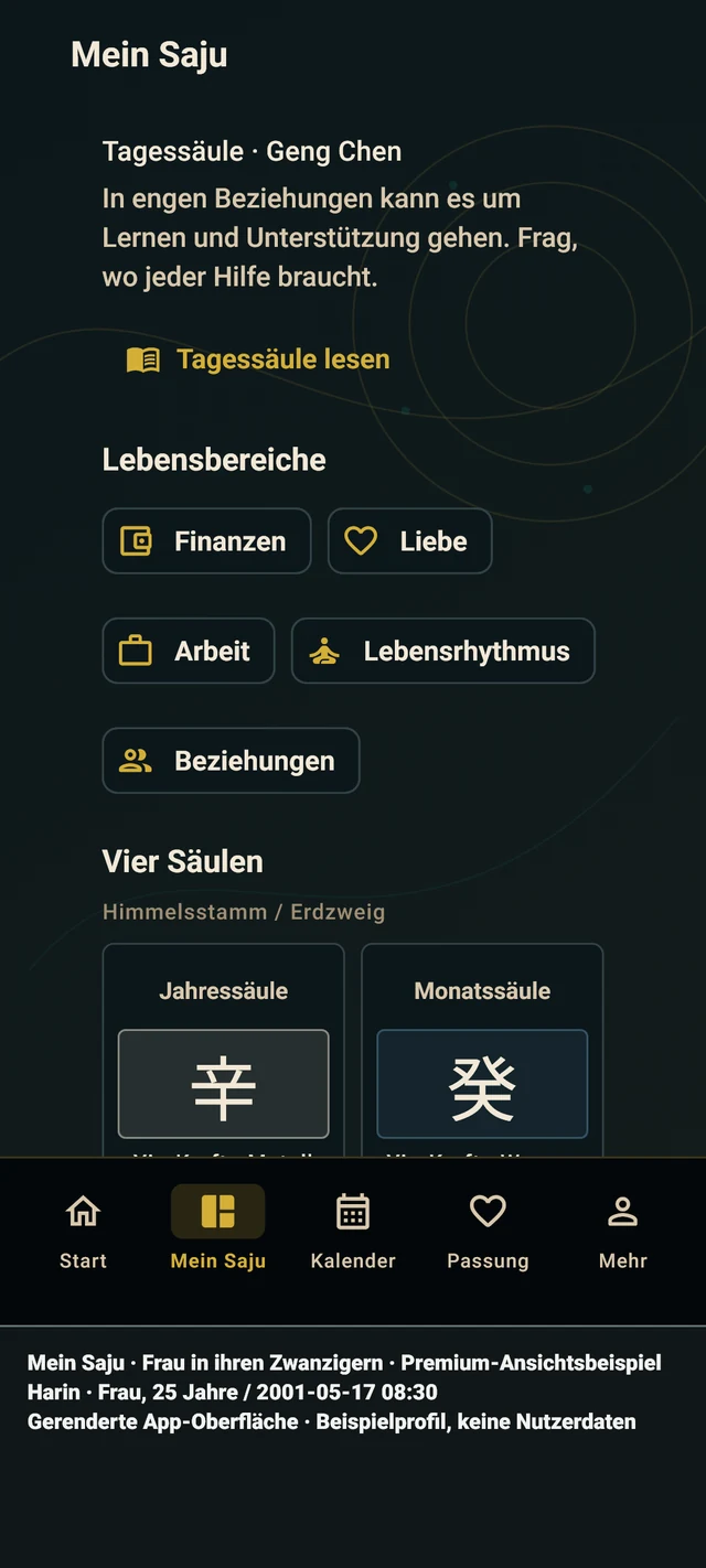 Mein Saju — Echter App-Bildschirm · Beispielprofil