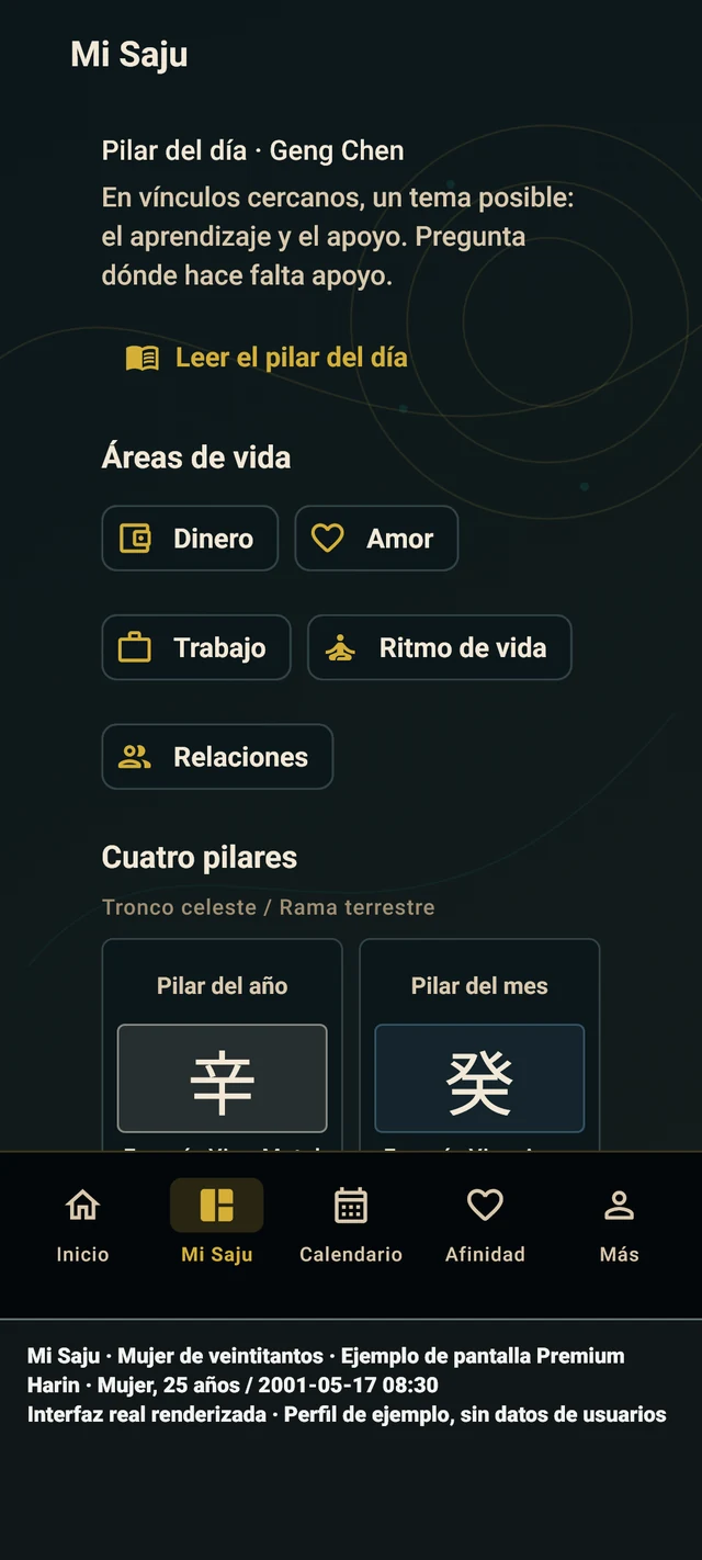 Mi Saju — Pantalla real · Perfil de ejemplo