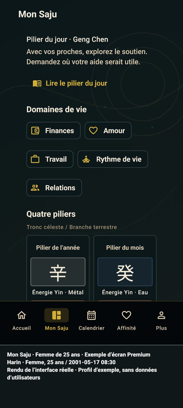 Mon Saju — Écran réel · Profil d’exemple
