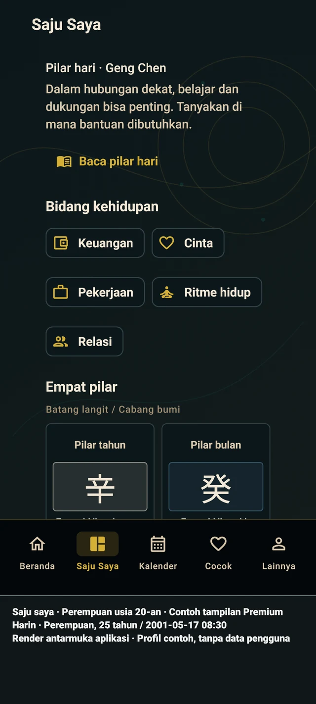 Saju Saya — Layar aplikasi asli · Profil contoh